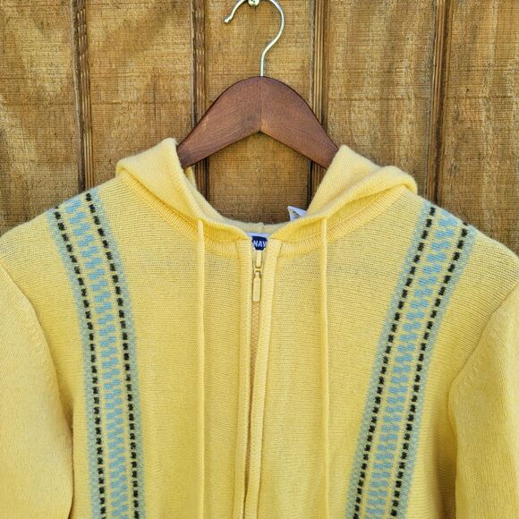 Old Navy Vtg 90s Yellow Full Zip Hooded 100% Lambs Wool Sweater Womens Size L - Picture 2 of 9
